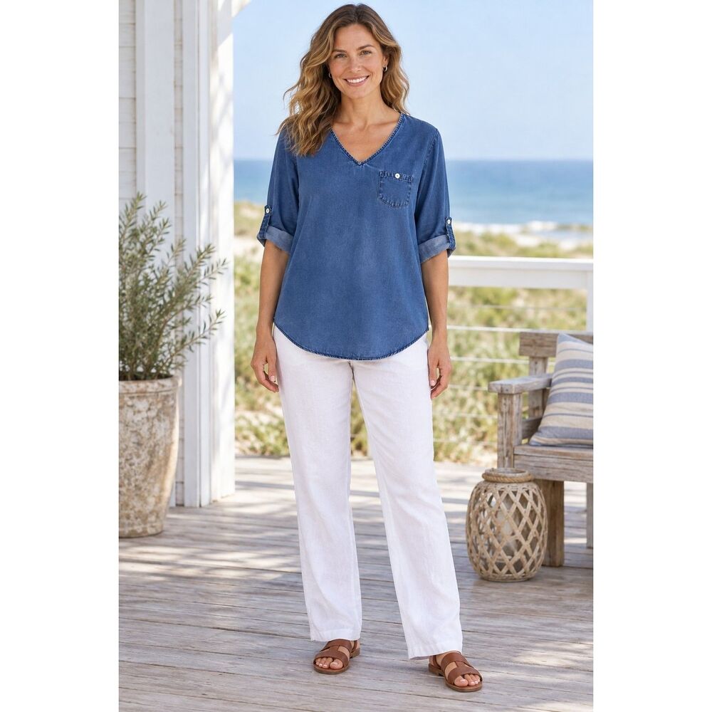 Soft Surroundings Coastal Chambray Tunic Top Womens M Tencel Relaxed Roll Tab